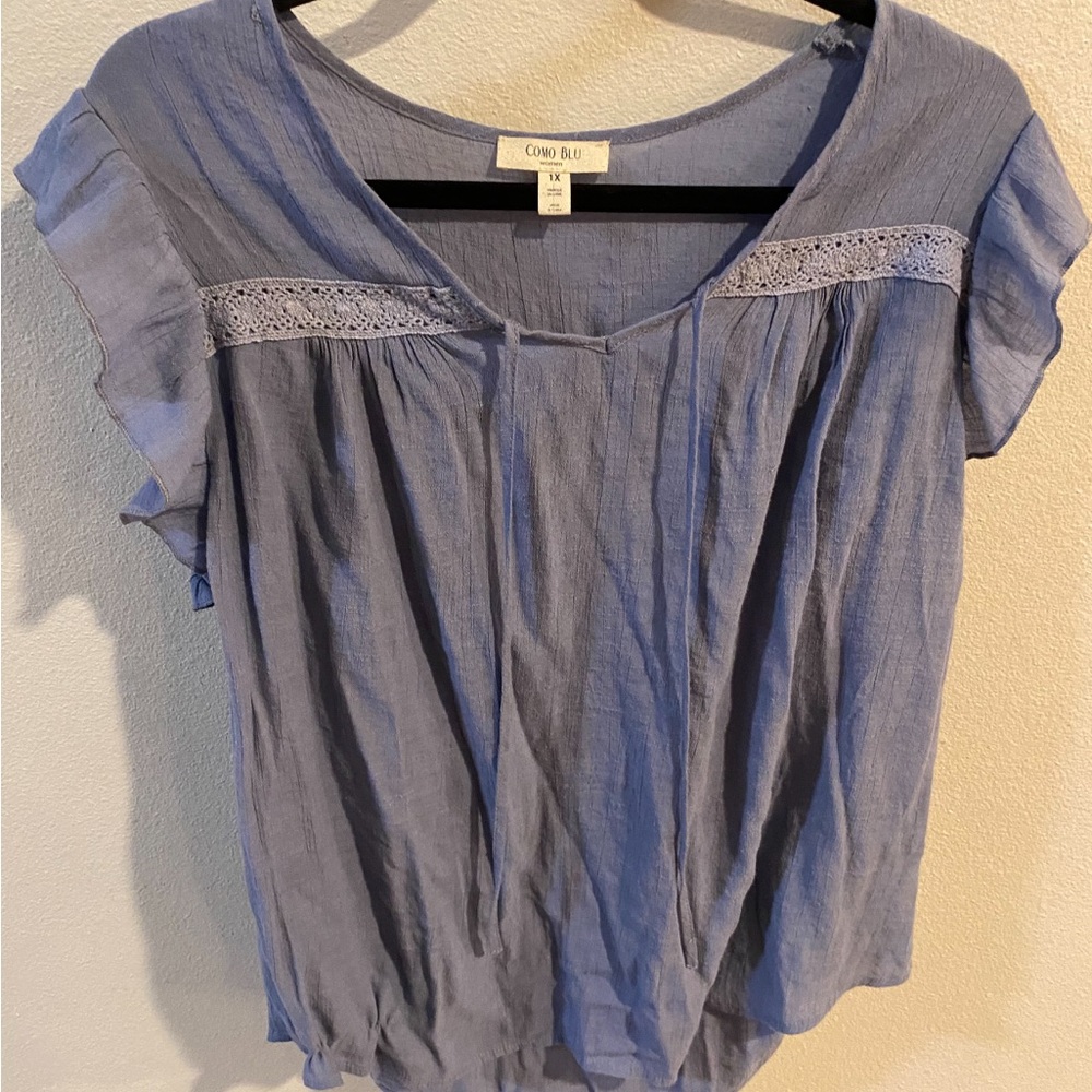 Como Blu Women's‎ Blue Ruffle Sleeve Top Size 1x